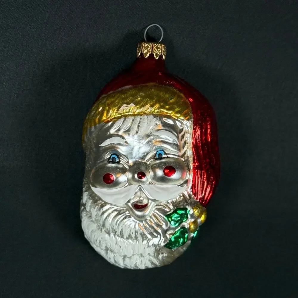 Colombia Embossed Blown Glass Santa Head w Poinsettia Christmas Ornament 4